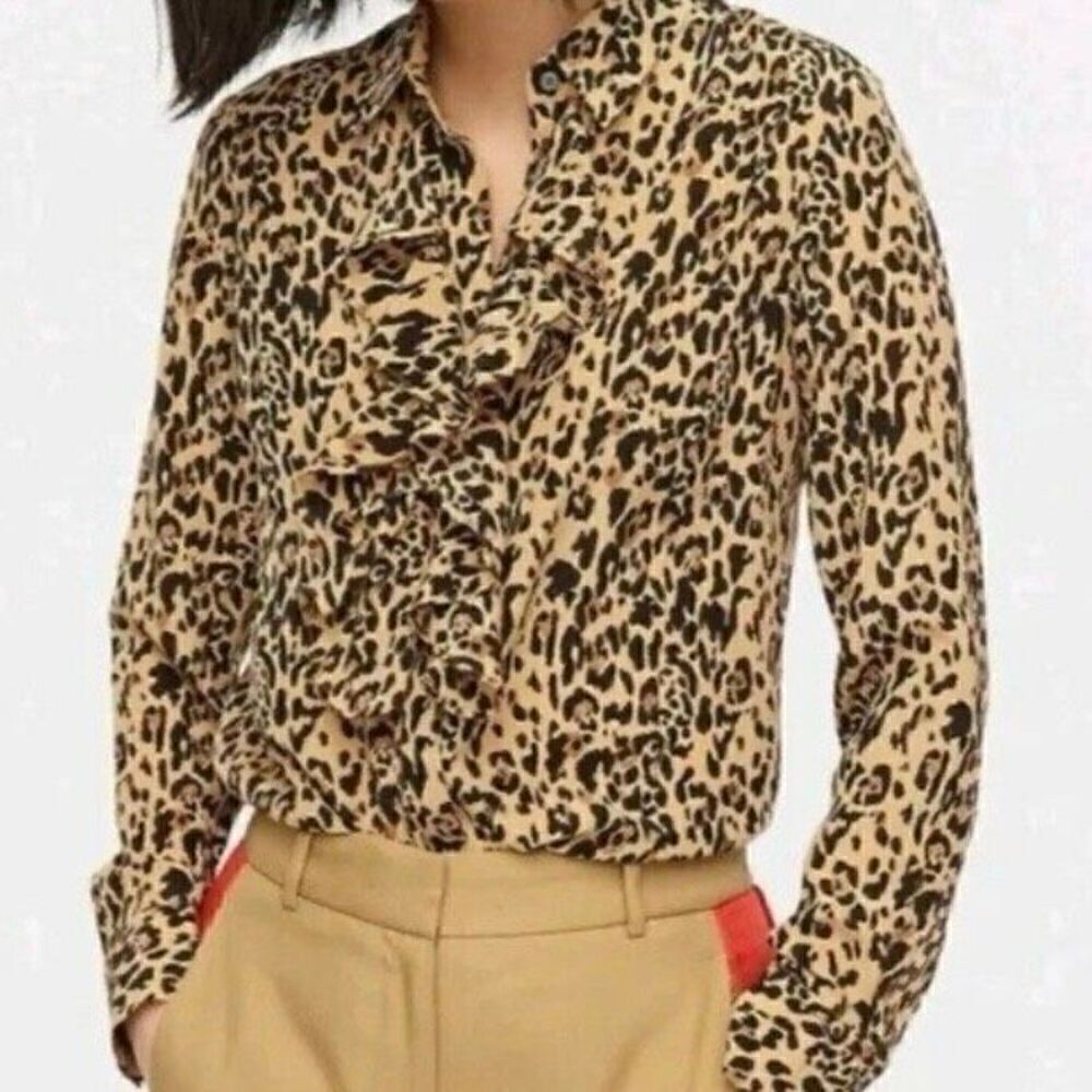 J. CREW Collection Silk Leopard Ruffle Front Blouse